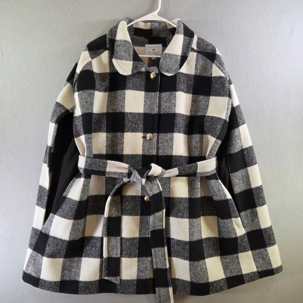 Draper James x Eloquii Black White Buffalo Plaid Belted Cape Poncho Coat 22/24